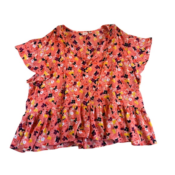 GAP Tops - GAP Womens XL Coral Pink Floral Peplum Blouse Short Sleeve Tie Neck Top